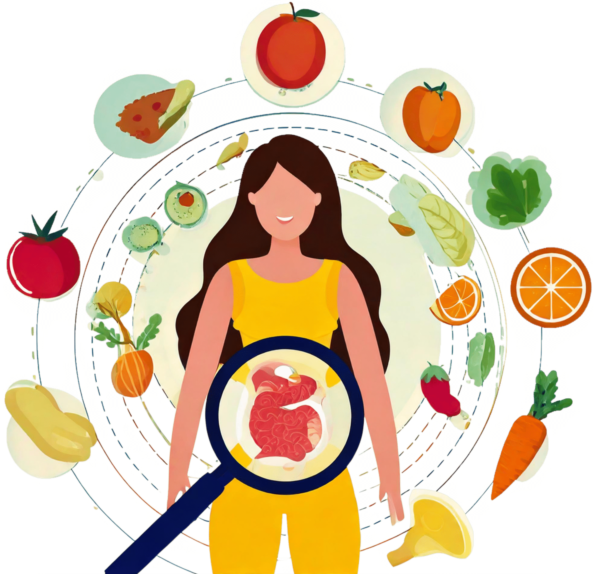 A stylized, vector illustration of a woman standing at the center